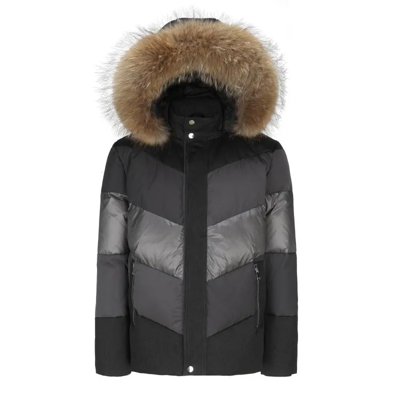 Men's Mystic Chevron Quilted Goose Down Jacket with Genuine Racoon Fur Trim