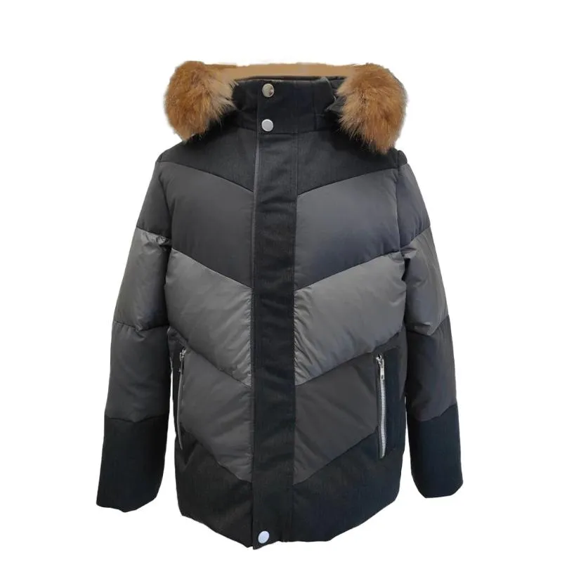 Men's Mystic Chevron Quilted Goose Down Jacket with Genuine Racoon Fur Trim