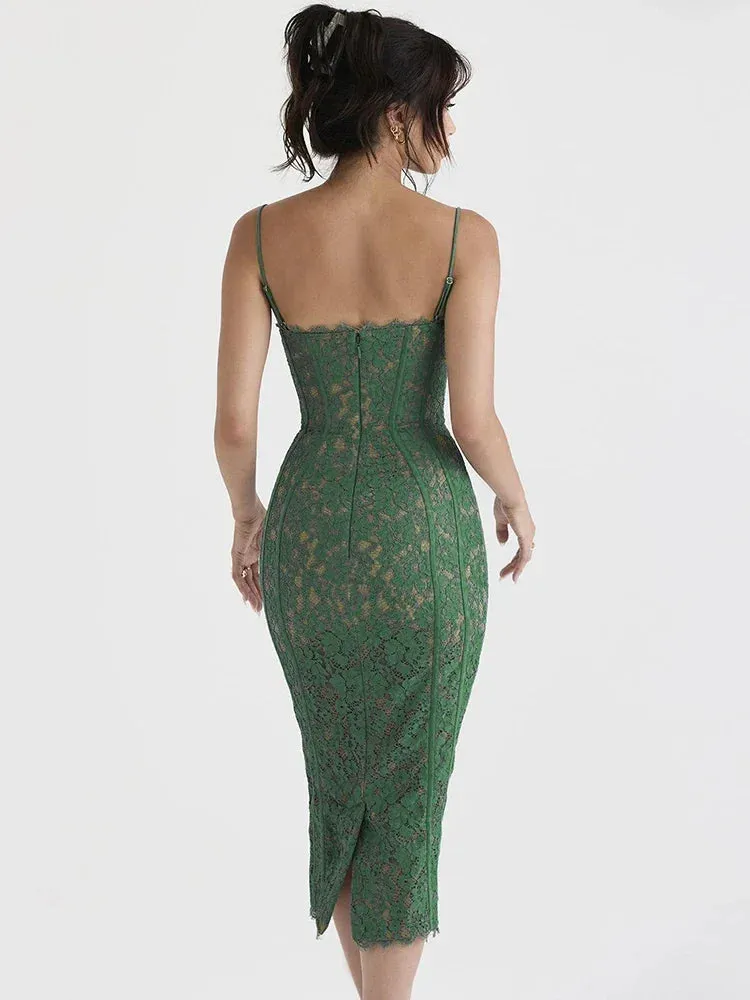 Midi Lace Green Dress Elegant Sexy Night Wedding Guest Evening Party Dresses Spaghetti Strap Birthday Dresses for Women 2022