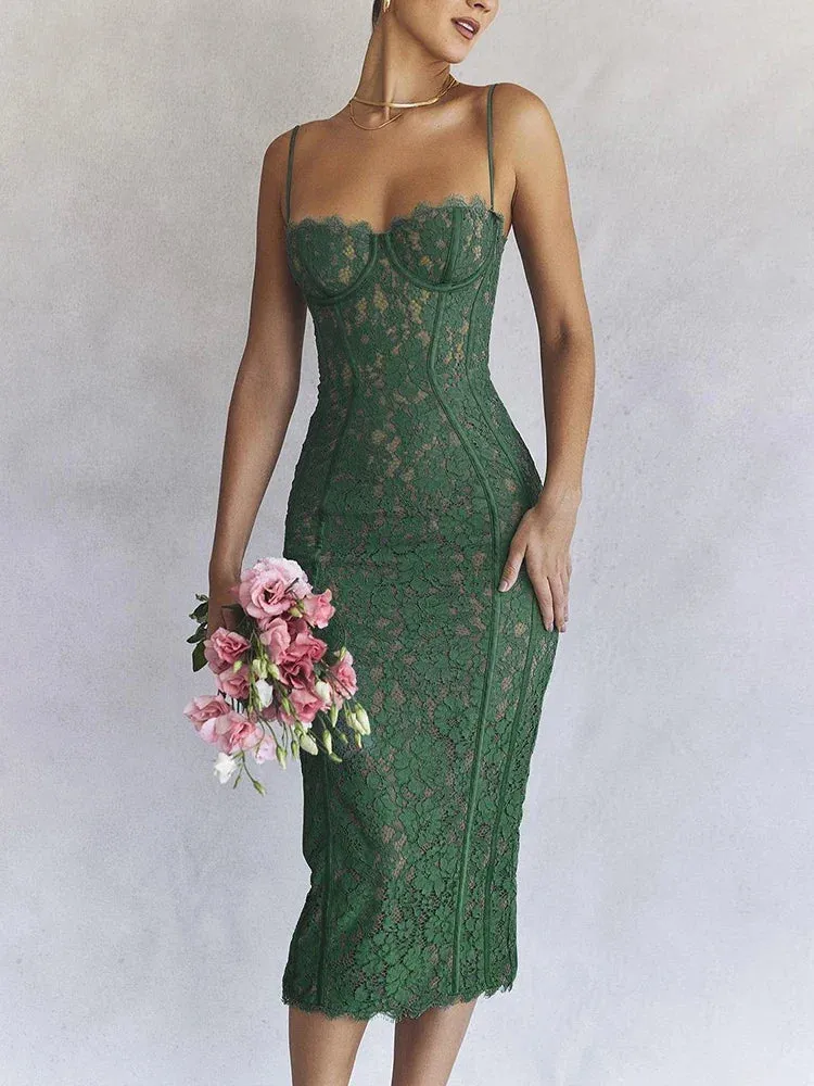 Midi Lace Green Dress Elegant Sexy Night Wedding Guest Evening Party Dresses Spaghetti Strap Birthday Dresses for Women 2022