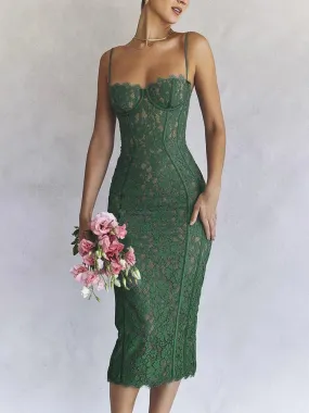 Midi Lace Green Dress Elegant Sexy Night Wedding Guest Evening Party Dresses Spaghetti Strap Birthday Dresses for Women 2024