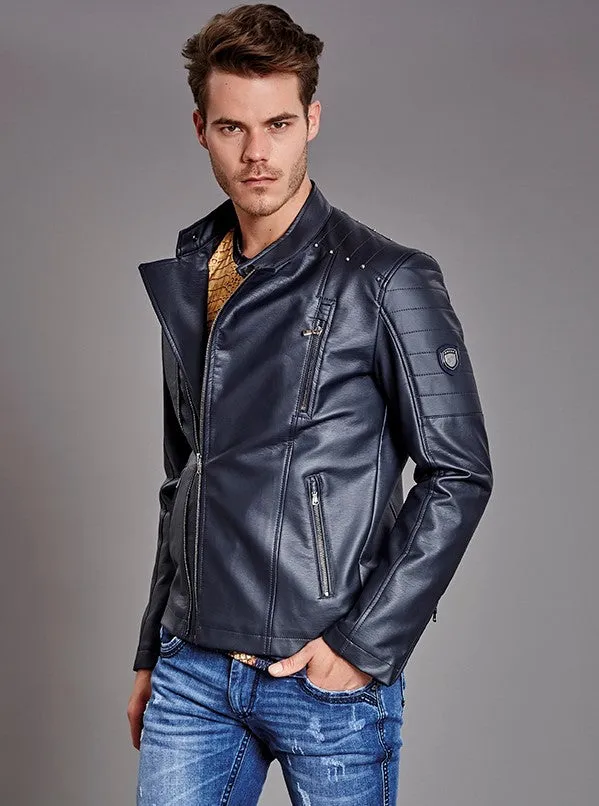 Navy Studded Pu Leather Biker Jacket