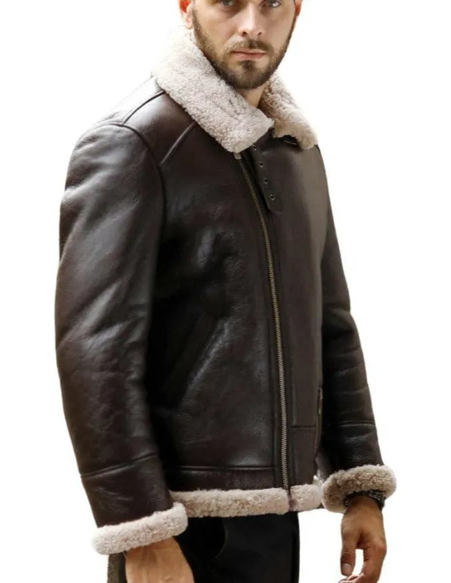 Nexus Brown Leather Bomber Jacket with Faux Shearling Lining