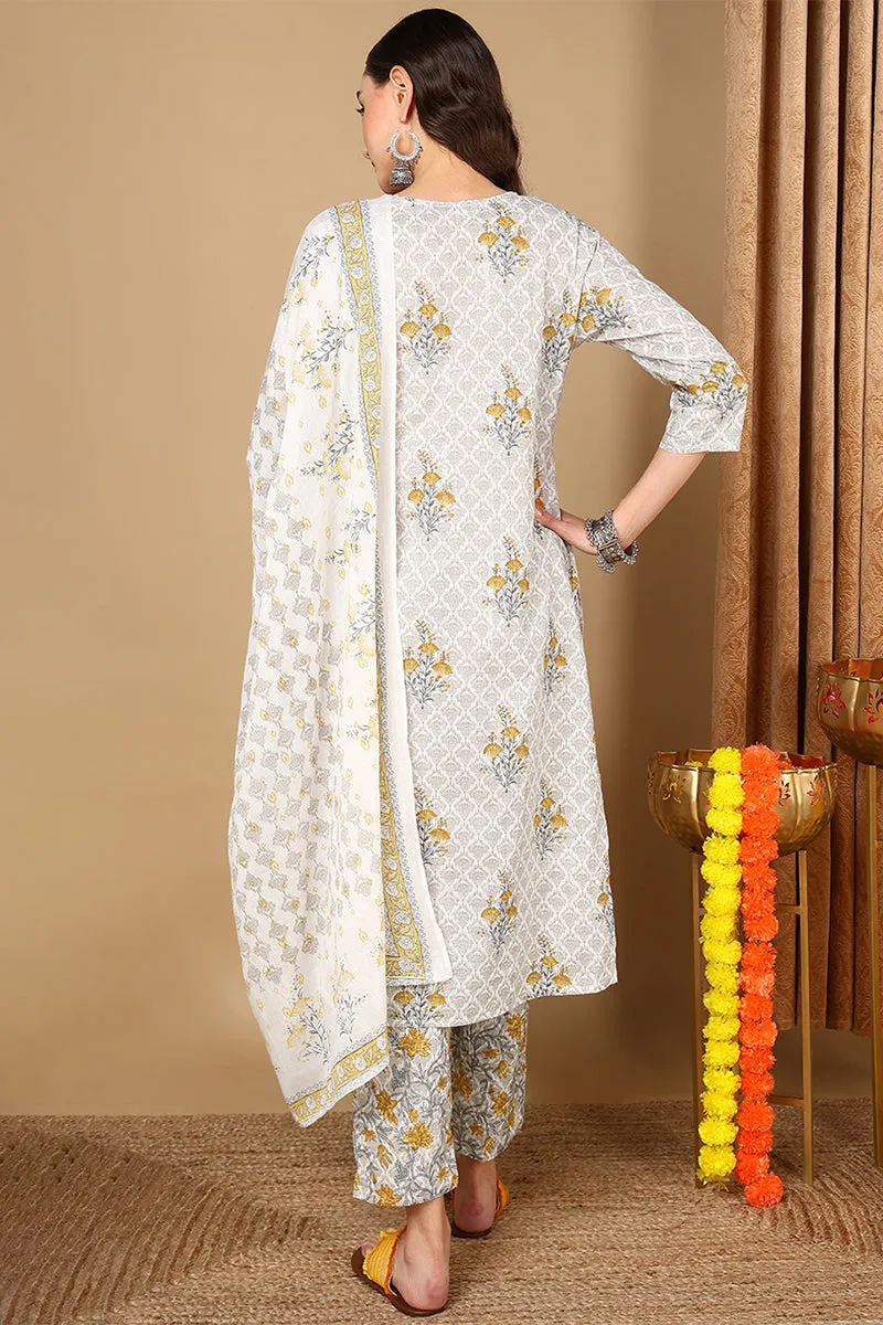 Off White Pure Cotton Ethnic Printed Straight Suit Set