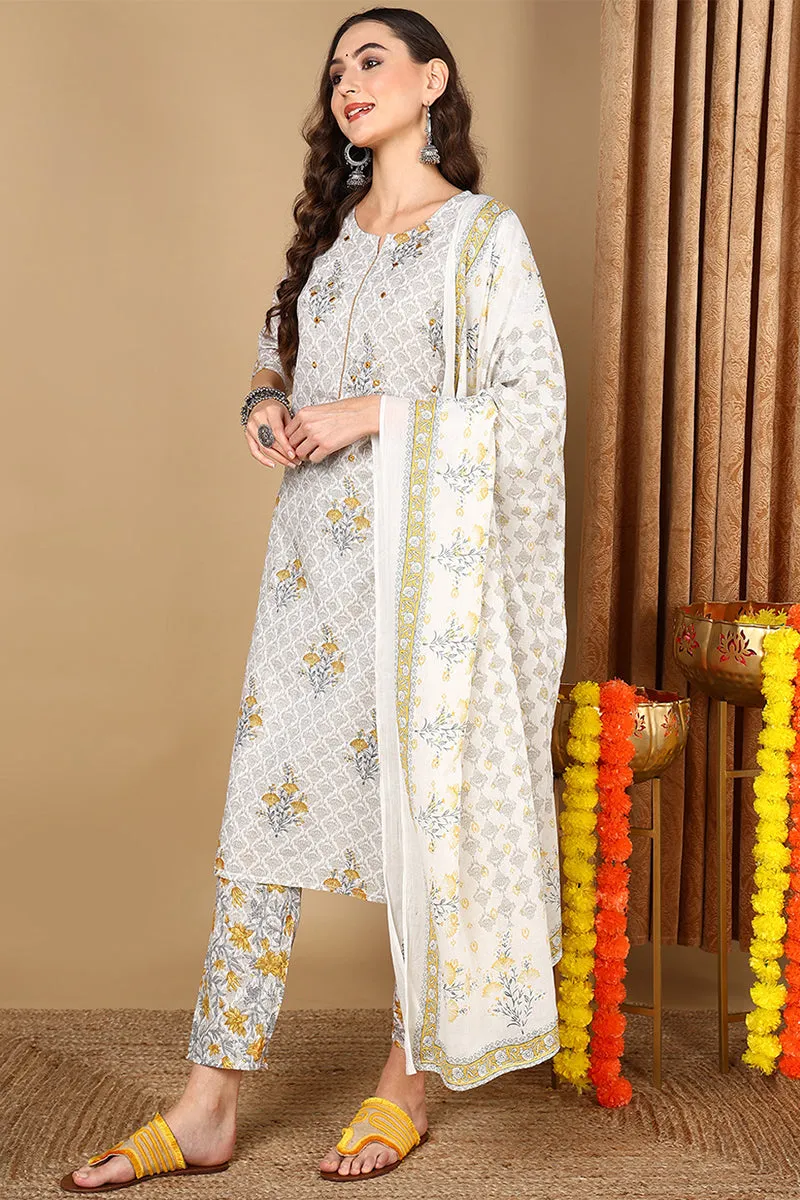 Off White Pure Cotton Ethnic Printed Straight Suit Set