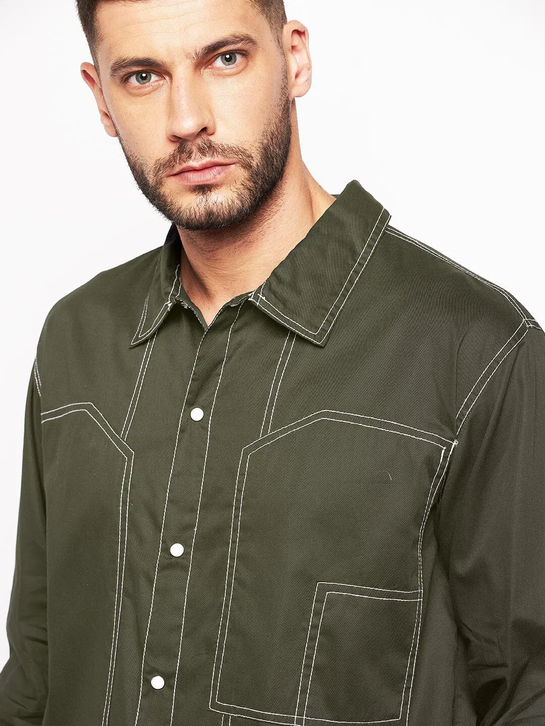 Olive Contrast Stitch Shirt and Cargo Pants Clothing Set