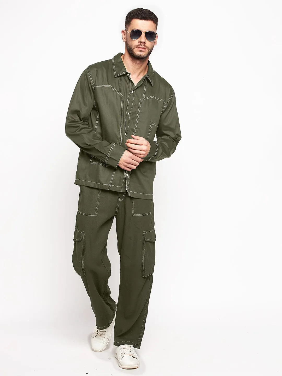 Olive Contrast Stitch Shirt and Cargo Pants Clothing Set