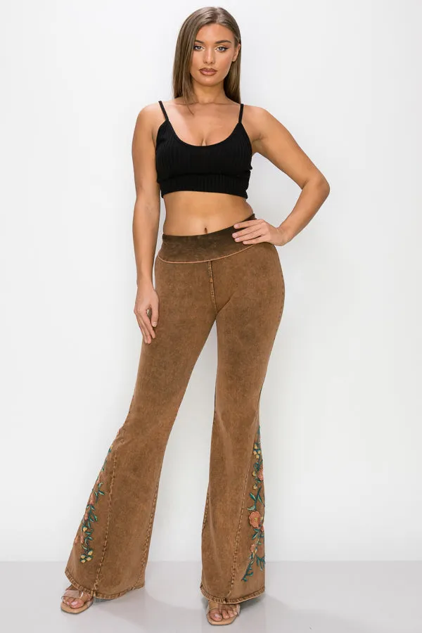 Orange Brown Yoga Pants with Floral Embroidered Bell Bottom