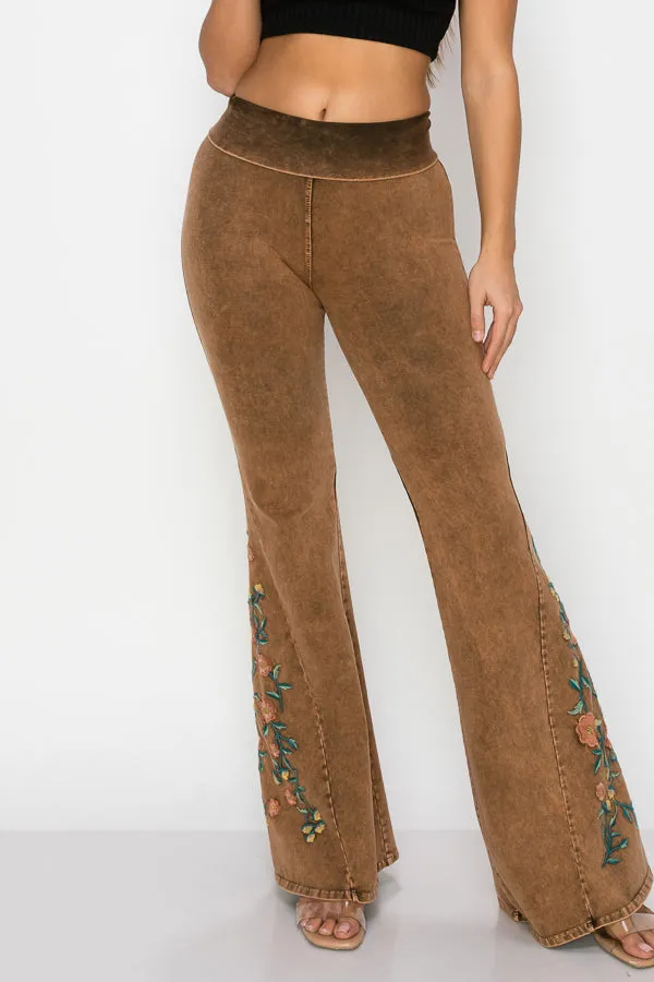 Orange Brown Yoga Pants with Floral Embroidered Bell Bottom