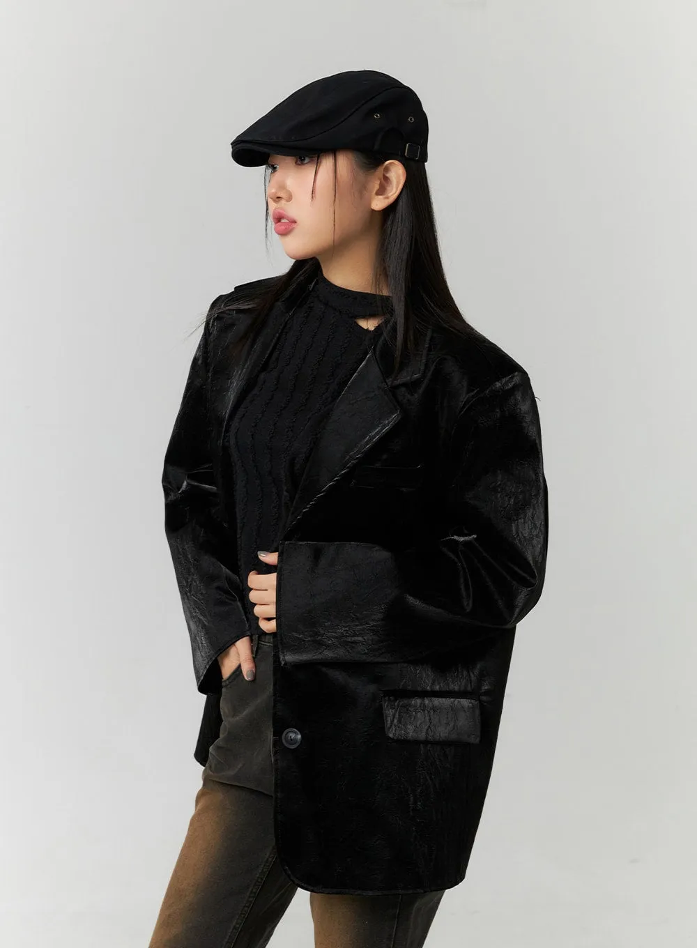 Oversized Faux Leather Tailored Jacket CN324