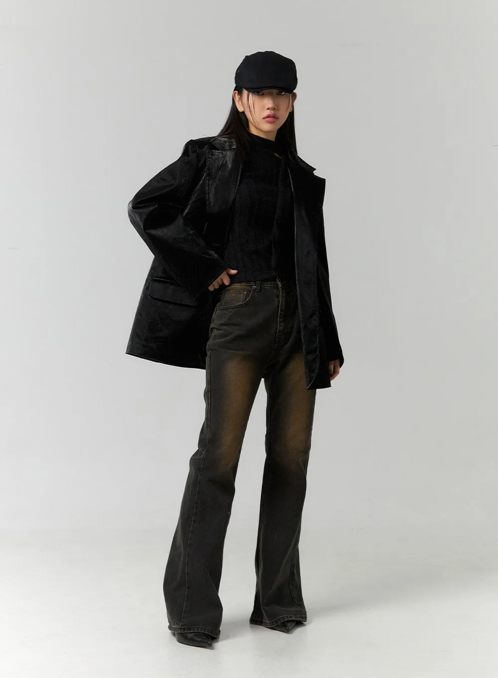 Oversized Faux Leather Tailored Jacket CN324