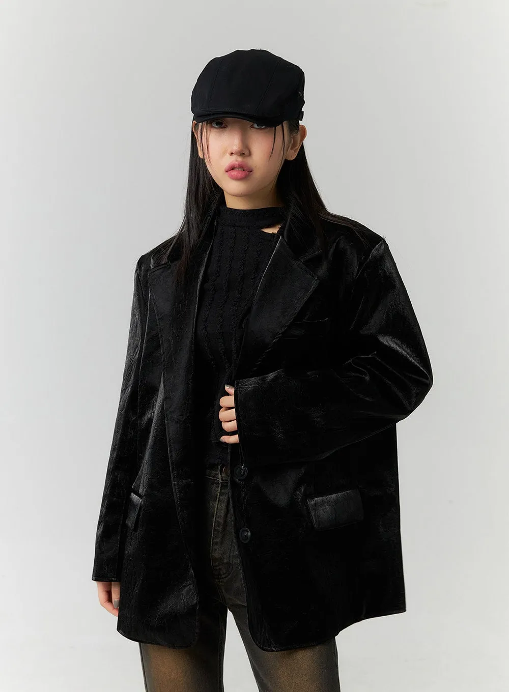 Oversized Faux Leather Tailored Jacket CN324