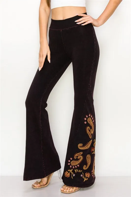 Paisley Embroidered Bell Bottom Yoga Pants