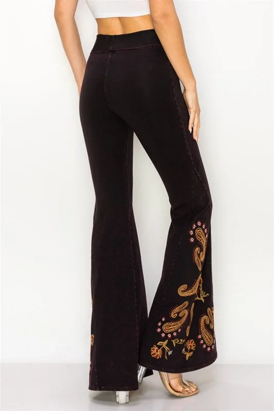 Paisley Embroidered Bell Bottom Yoga Pants