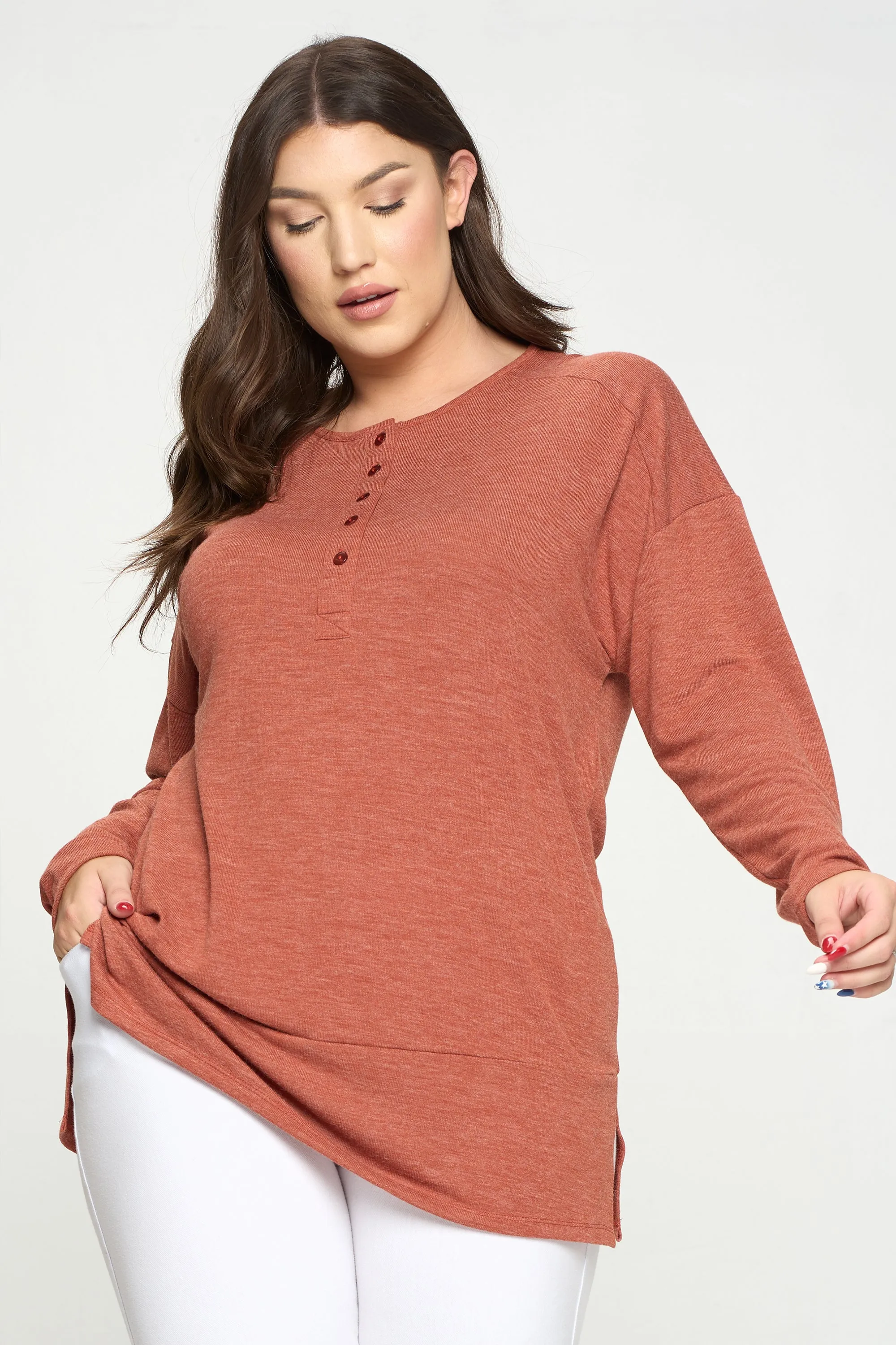 Plus Size Heather Henley Oversized Tunic Top