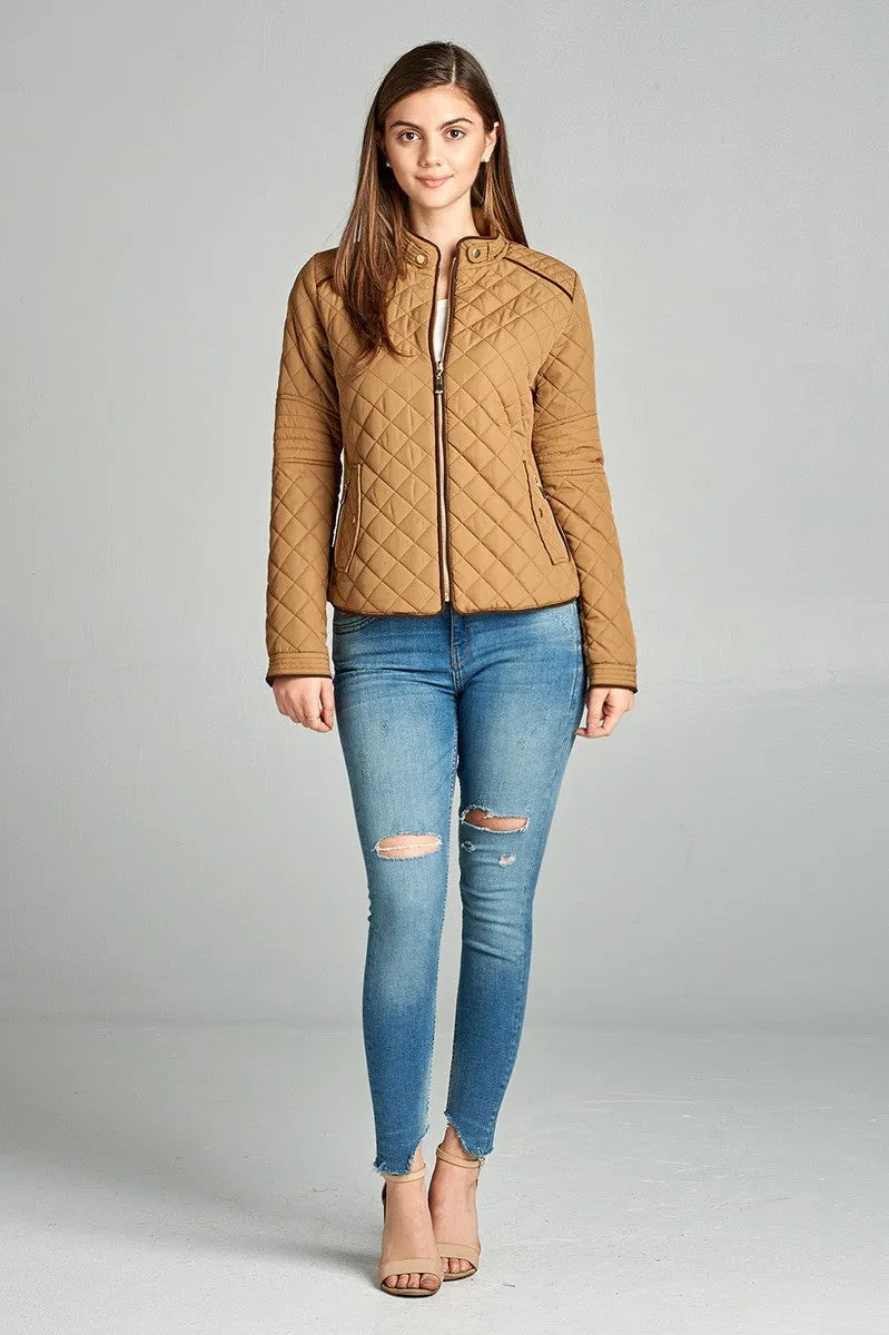 Quilted Padding Jacket With Suede Piping Details