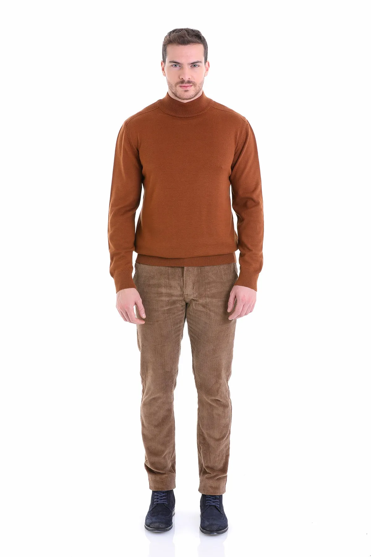 Regular Fit Copper Cotton Blend Mock Neck Sweater