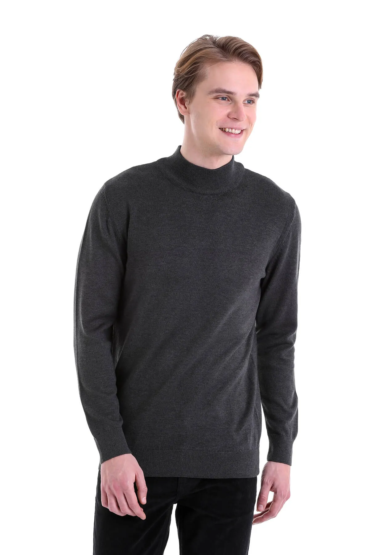 Regular Fit Patterned Cotton Blend Beige Mock Neck Sweater, Charcoal Melange