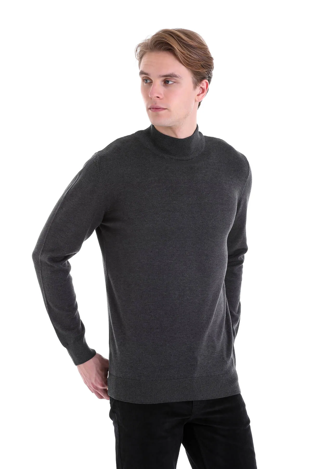 Regular Fit Patterned Cotton Blend Beige Mock Neck Sweater, Charcoal Melange