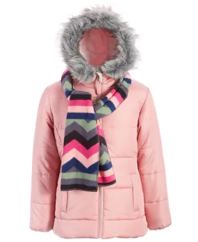 S Rothschild & Co Big Girls Solid Quilted Puffer Jacket and Scarf Set - Rose