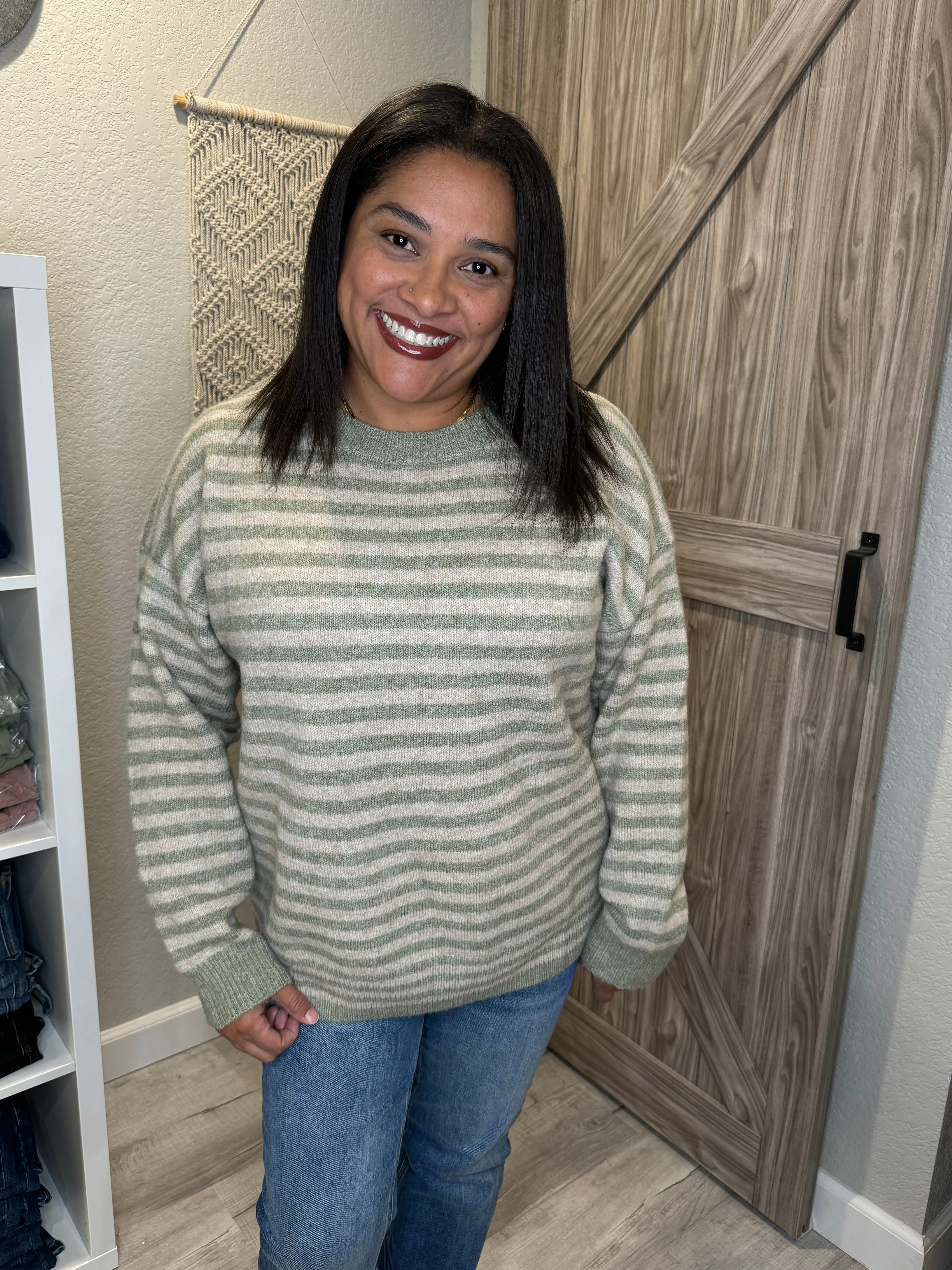 Sage & Oatmeal Oversized Brushed Knit Drop Shoulder Striped Sweater