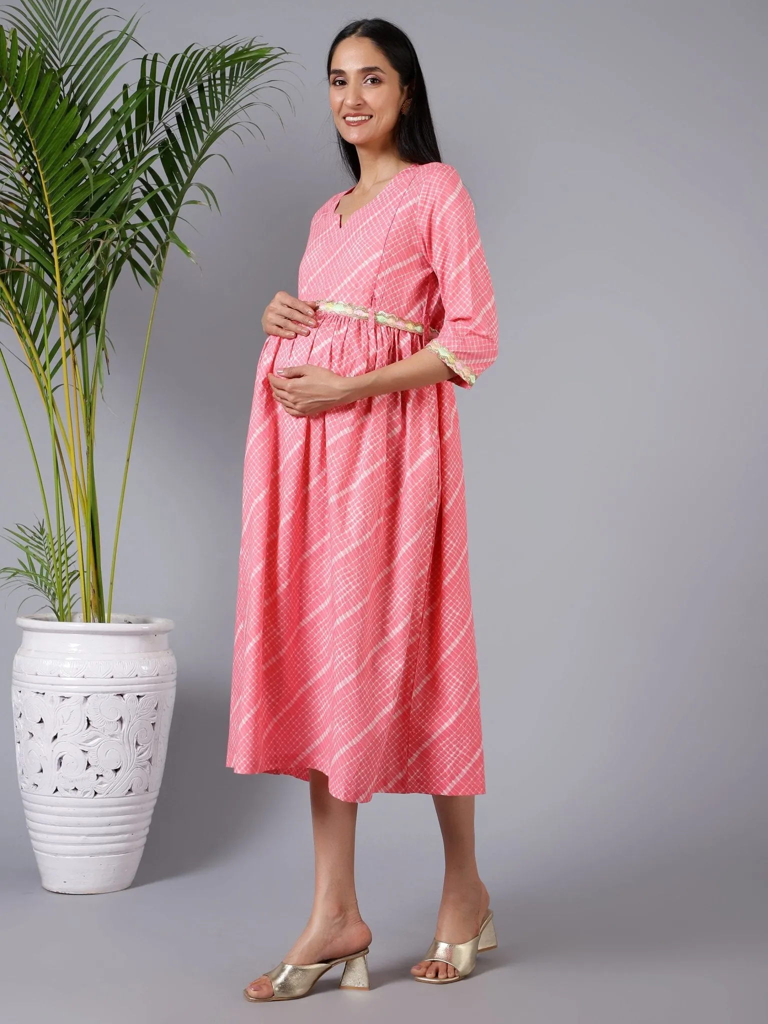 Salmon Splash Maternity Dress with Embroidered Lace and Pocket