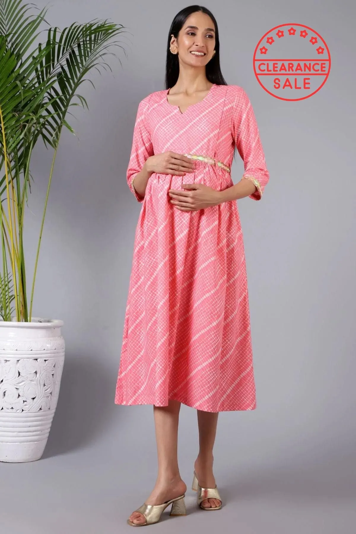 Salmon Splash Maternity Dress with Embroidered Lace and Pocket