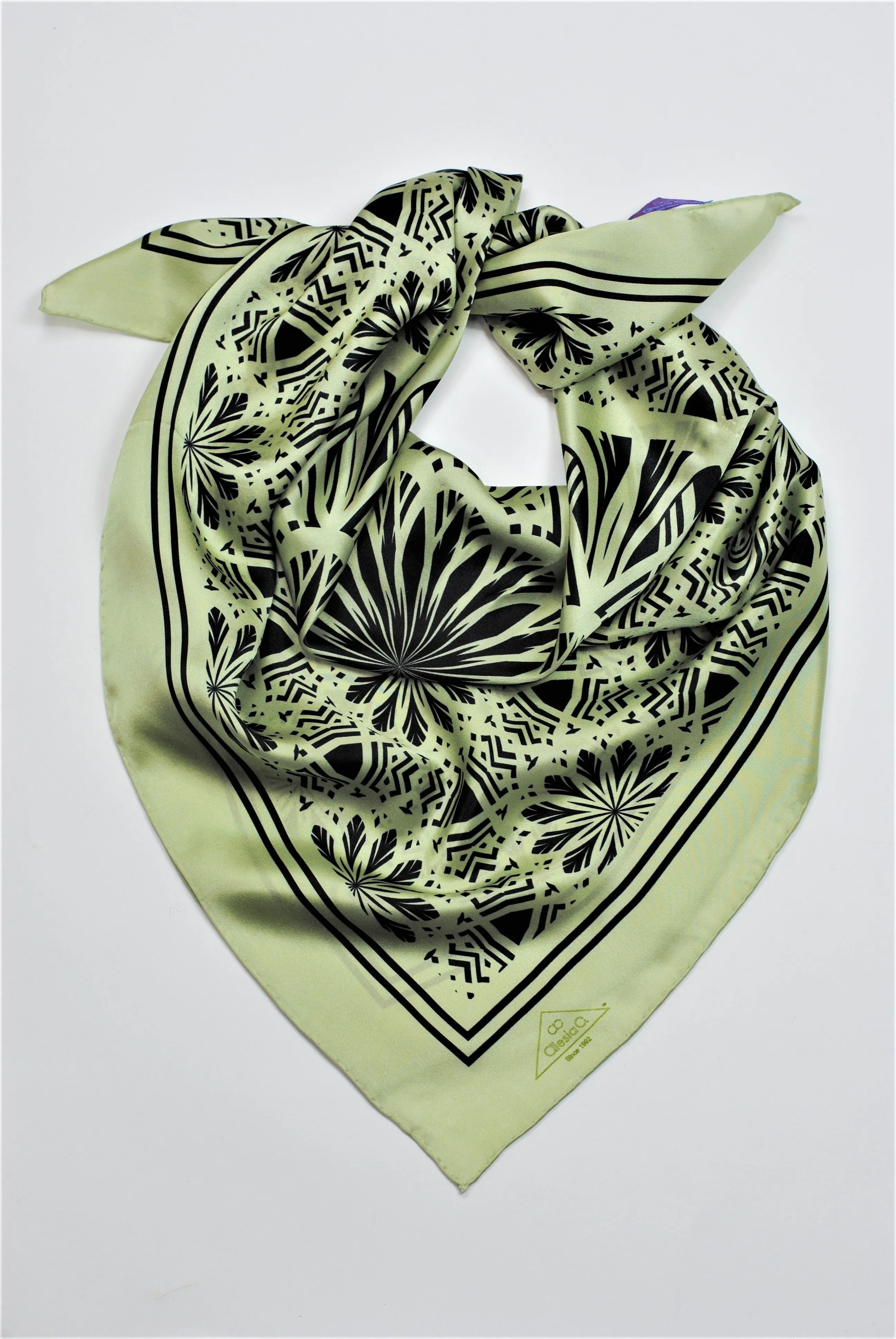 SERENITY Mandala 100% Silk Square Scarf in Sage Black