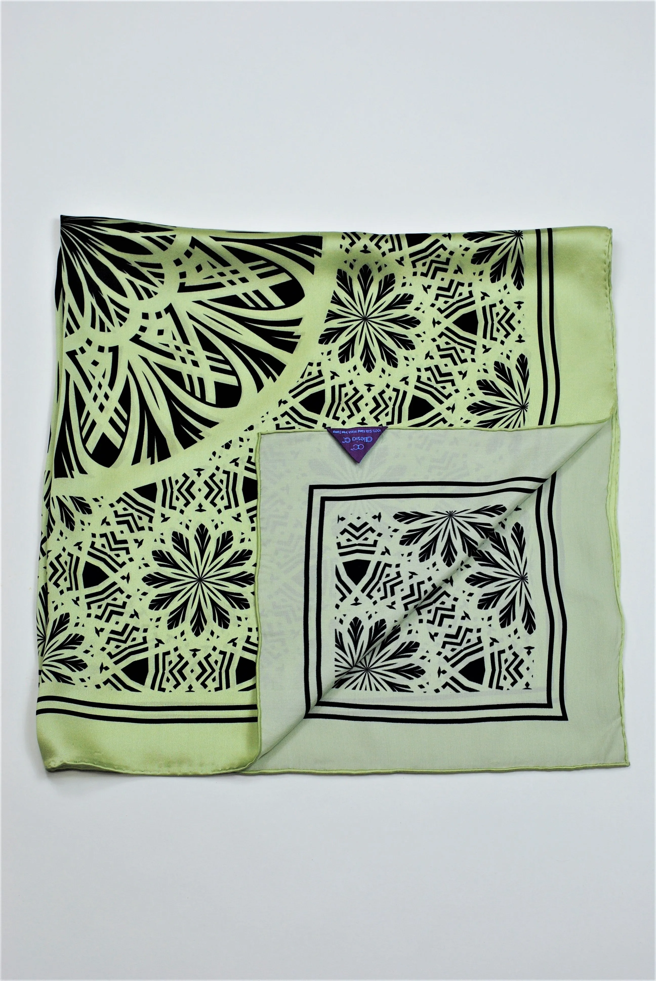 SERENITY Mandala 100% Silk Square Scarf in Sage Black