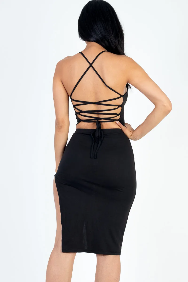 Sexy Solid Color Crisscross Back Cami Crop Top & Split Thigh Midi Skirt Set (CAPELLA)