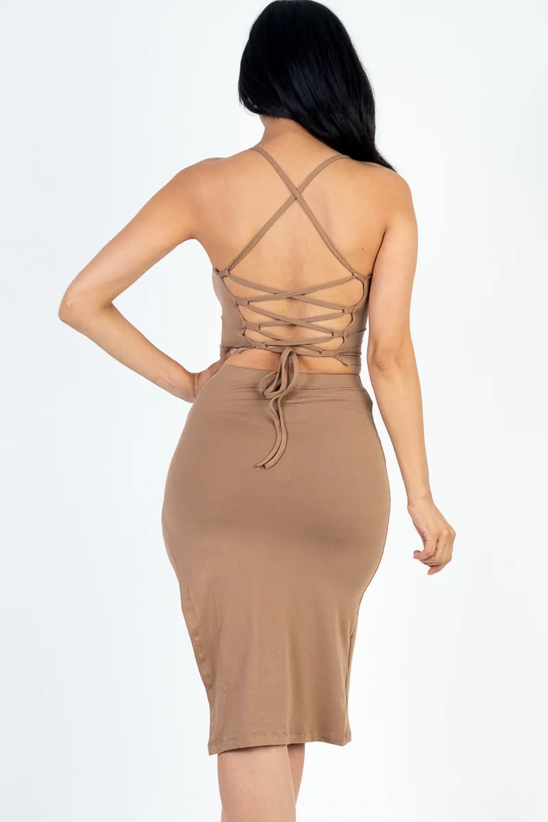 Sexy Solid Color Crisscross Back Cami Crop Top & Split Thigh Midi Skirt Set (CAPELLA)