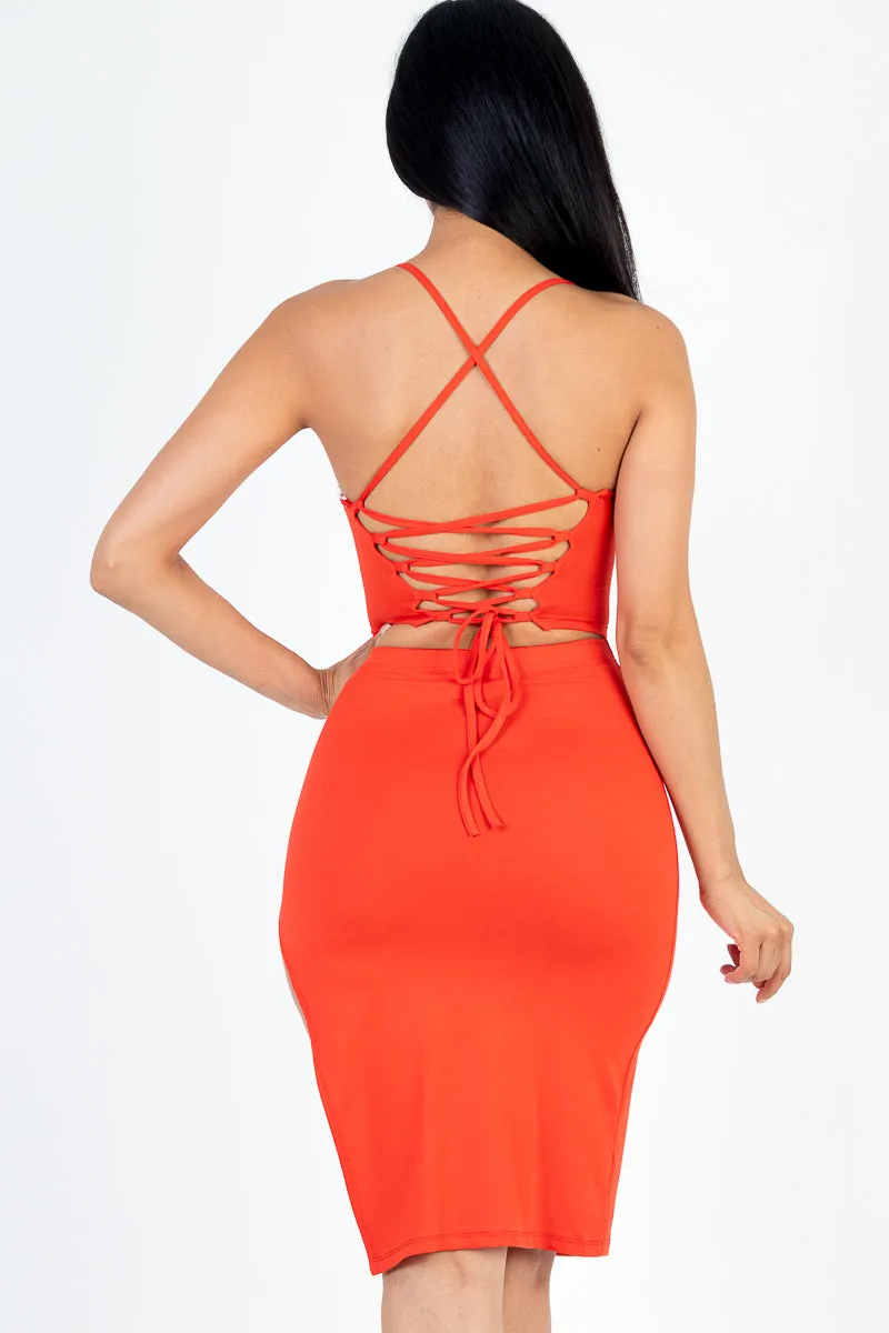 Sexy Solid Color Crisscross Back Cami Crop Top & Split Thigh Midi Skirt Set (CAPELLA)