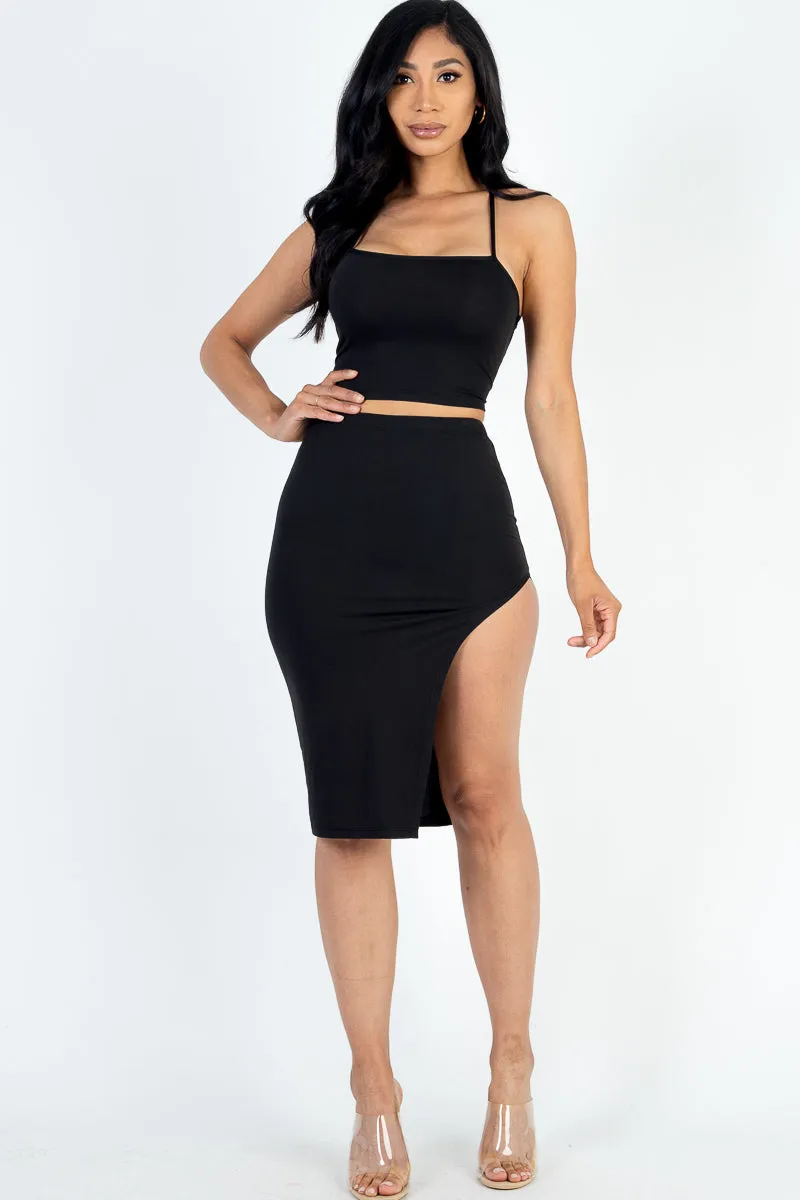 Sexy Solid Color Crisscross Back Cami Crop Top & Split Thigh Midi Skirt Set (CAPELLA)