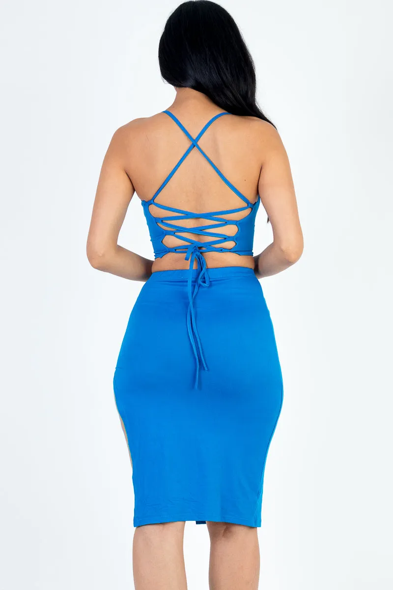 Sexy Solid Color Crisscross Back Cami Crop Top & Split Thigh Midi Skirt Set (CAPELLA)