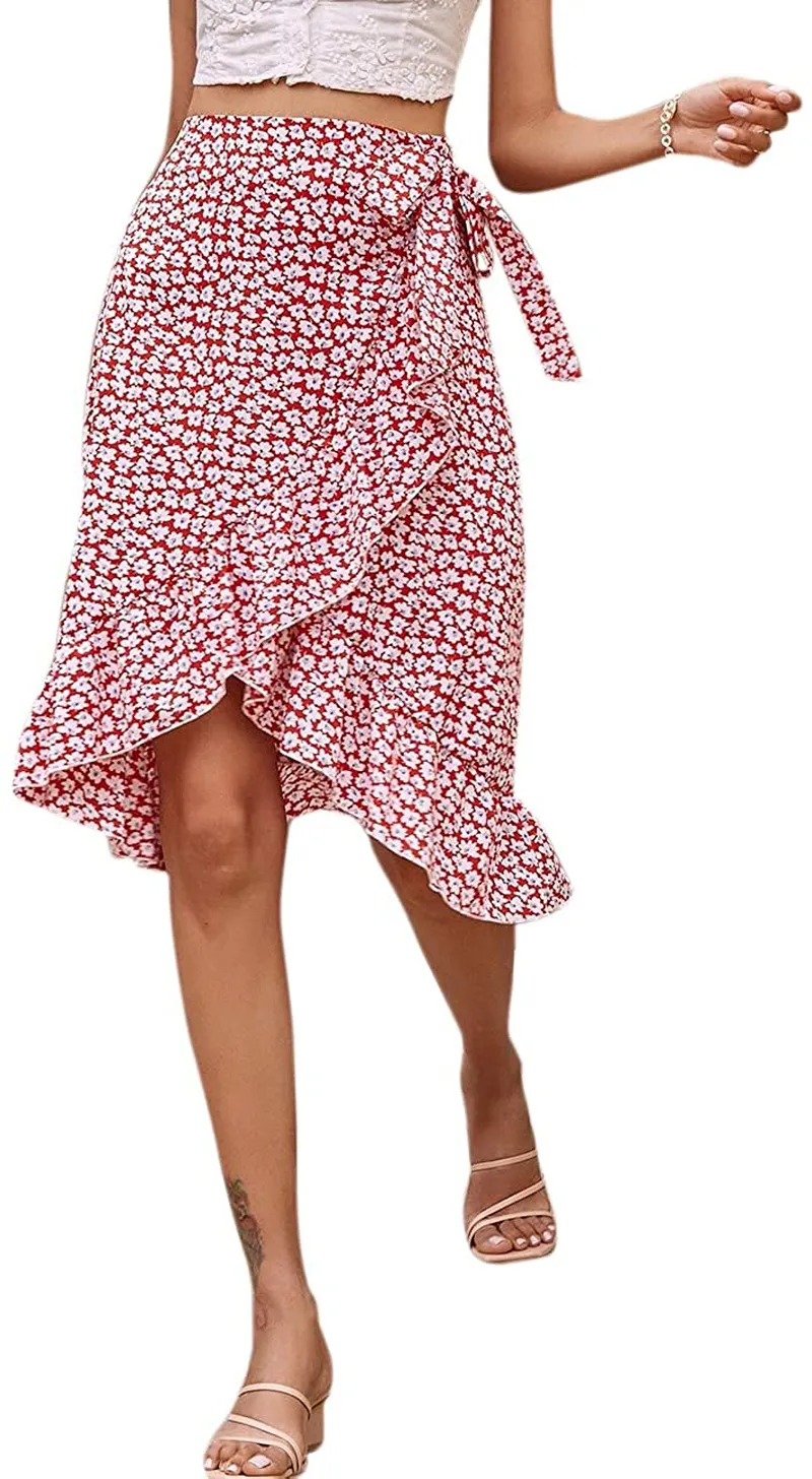 SheIn Women's Boho Ditsy Floral Knot High Waisted Wrap Split Midi Skirt