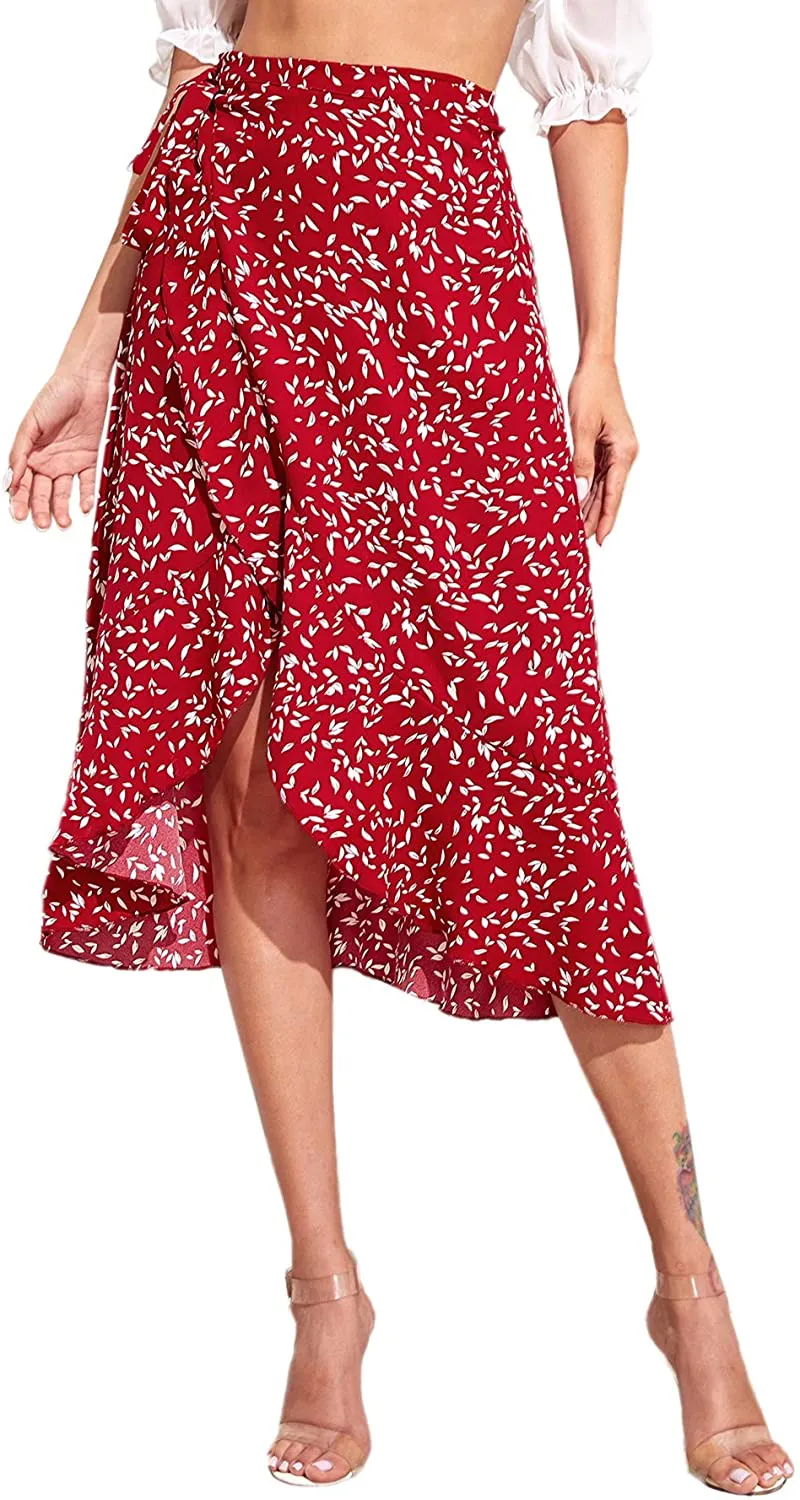 SheIn Women's Boho Ditsy Floral Knot High Waisted Wrap Split Midi Skirt