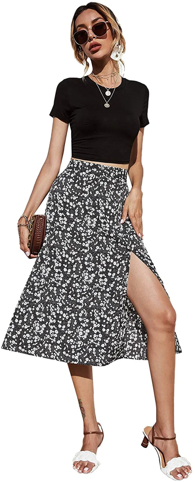 SheIn Women's Boho Ditsy Floral Knot High Waisted Wrap Split Midi Skirt