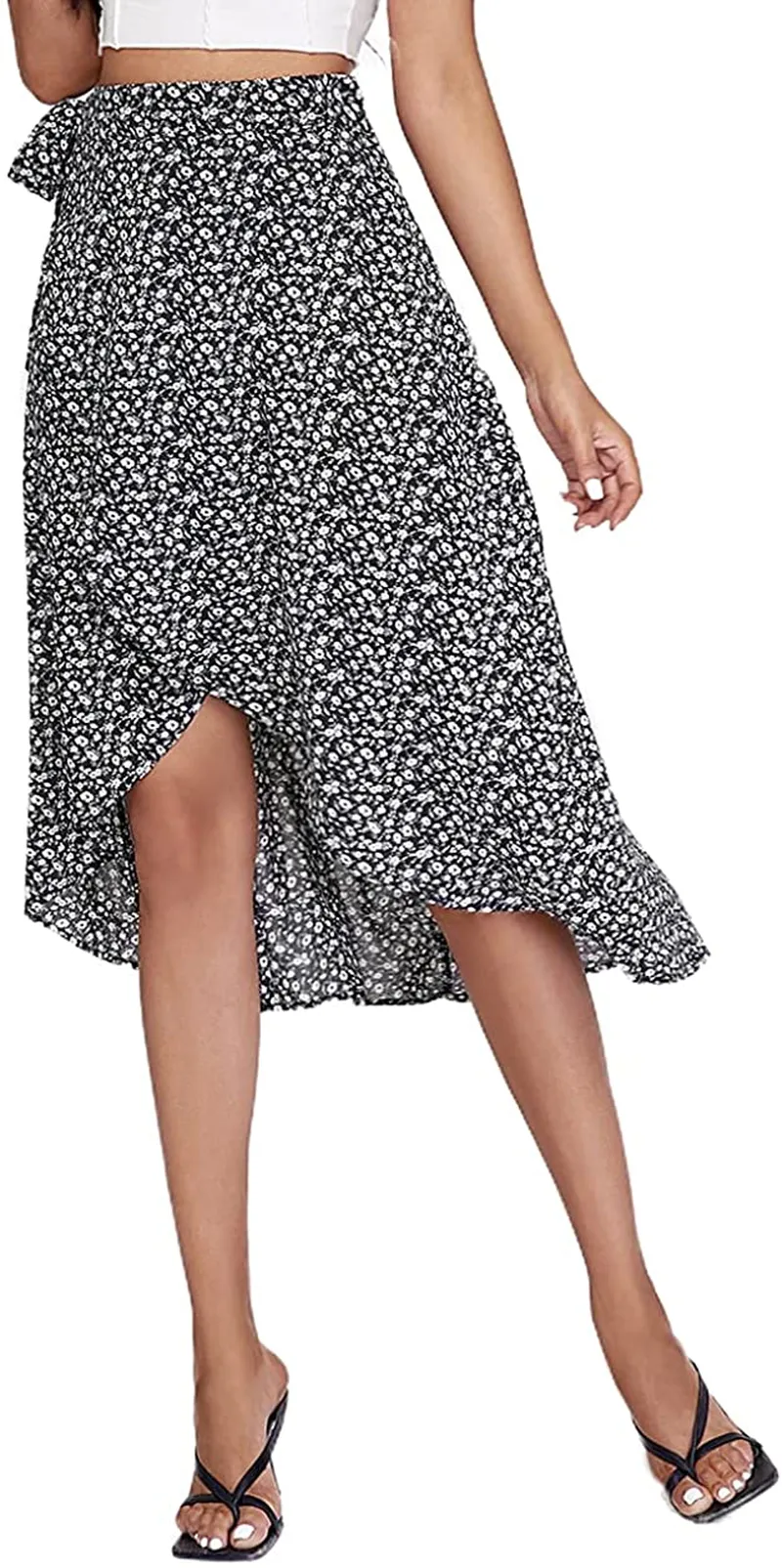 SheIn Women's Boho Ditsy Floral Knot High Waisted Wrap Split Midi Skirt