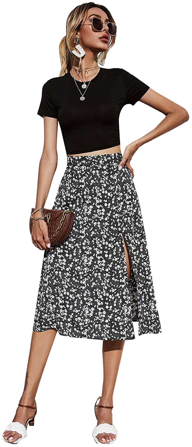 SheIn Women's Boho Ditsy Floral Knot High Waisted Wrap Split Midi Skirt