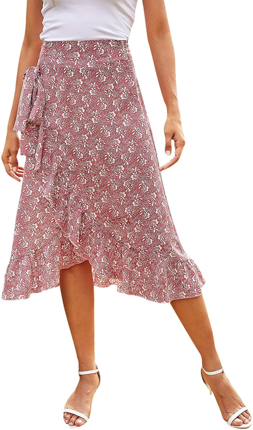 SheIn Women's Boho Ditsy Floral Knot High Waisted Wrap Split Midi Skirt