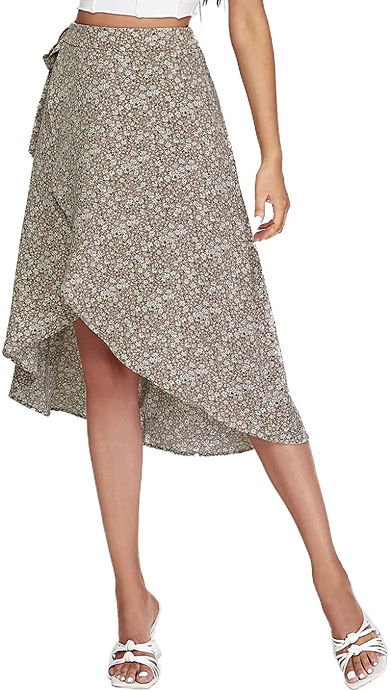 SheIn Women's Boho Ditsy Floral Knot High Waisted Wrap Split Midi Skirt