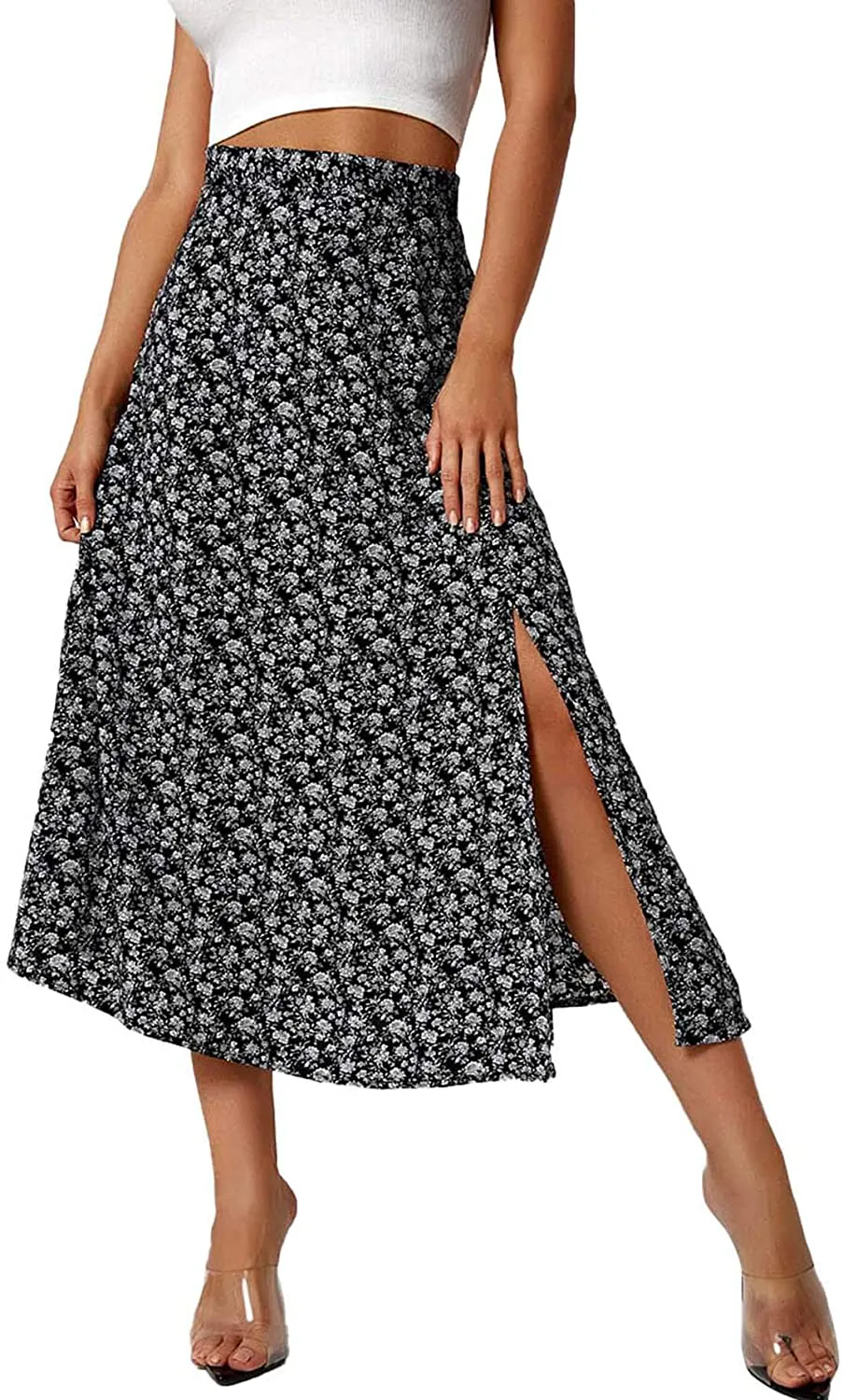 SheIn Women's Boho Ditsy Floral Knot High Waisted Wrap Split Midi Skirt