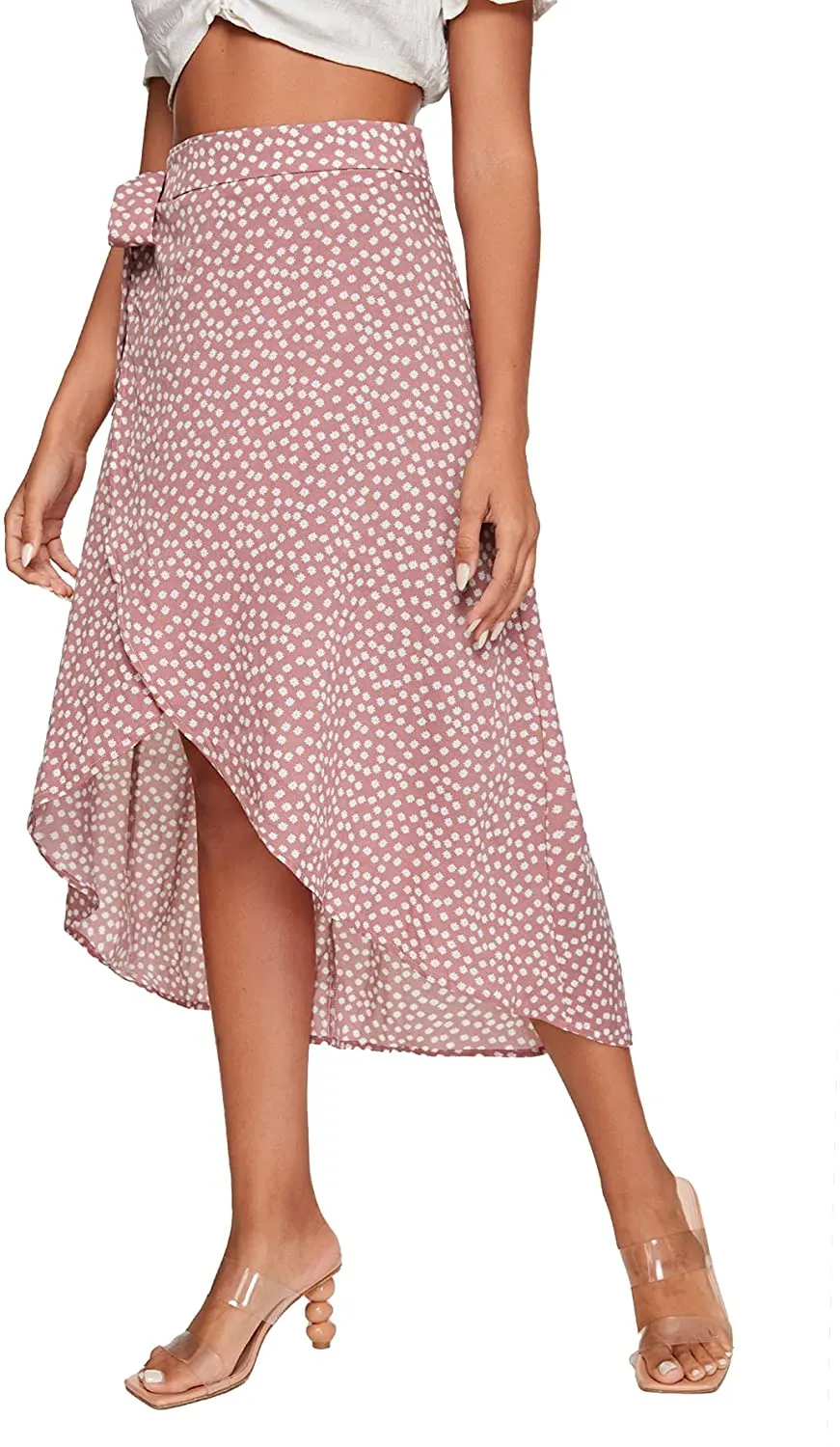 SheIn Women's Boho Ditsy Floral Knot High Waisted Wrap Split Midi Skirt