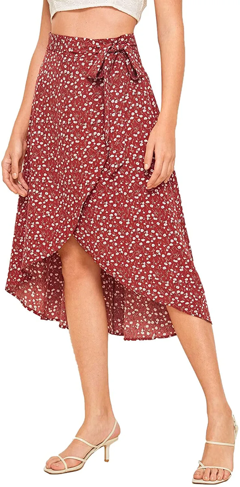 SheIn Women's Boho Ditsy Floral Knot High Waisted Wrap Split Midi Skirt