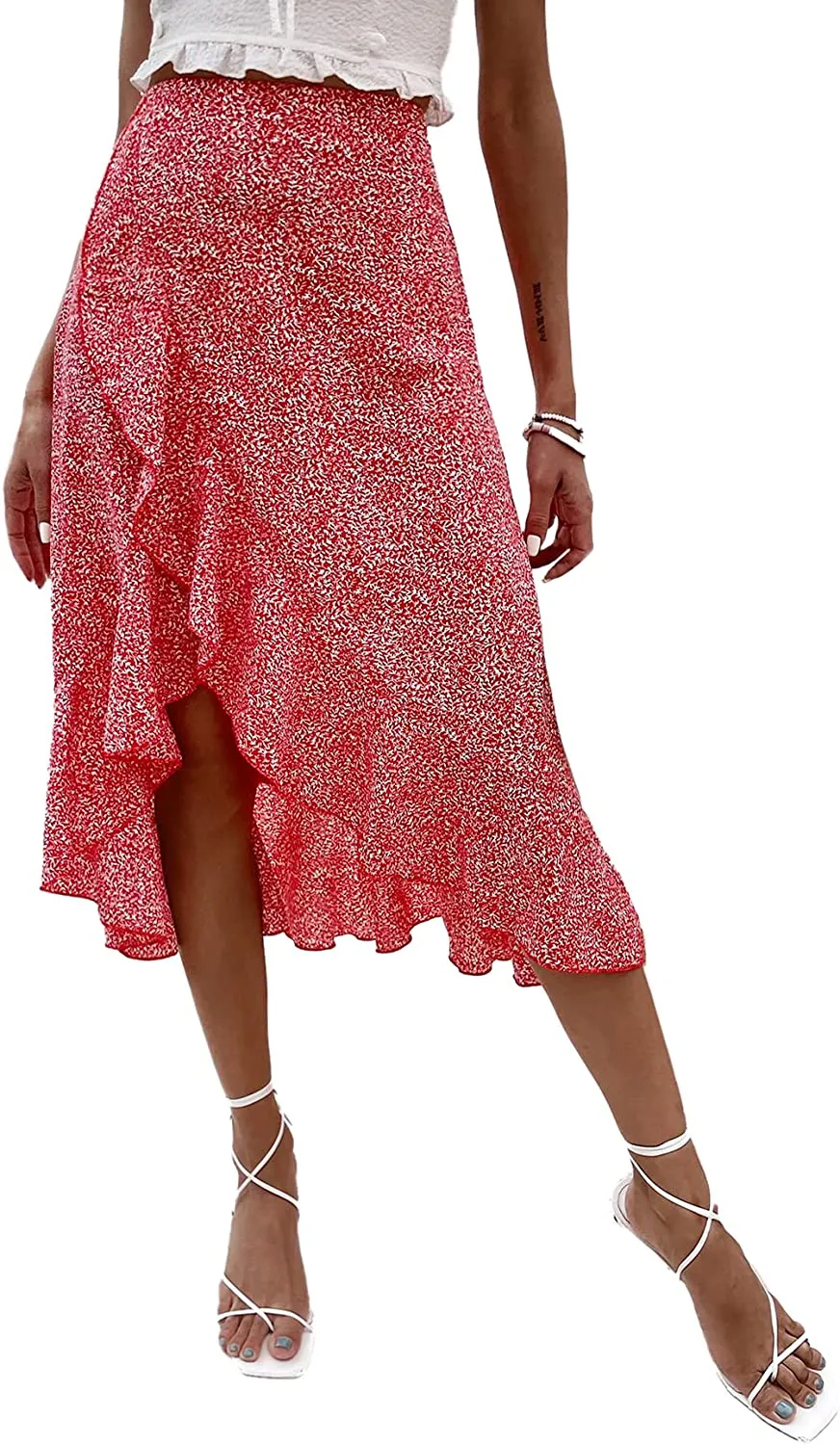 SheIn Women's Boho Ditsy Floral Knot High Waisted Wrap Split Midi Skirt