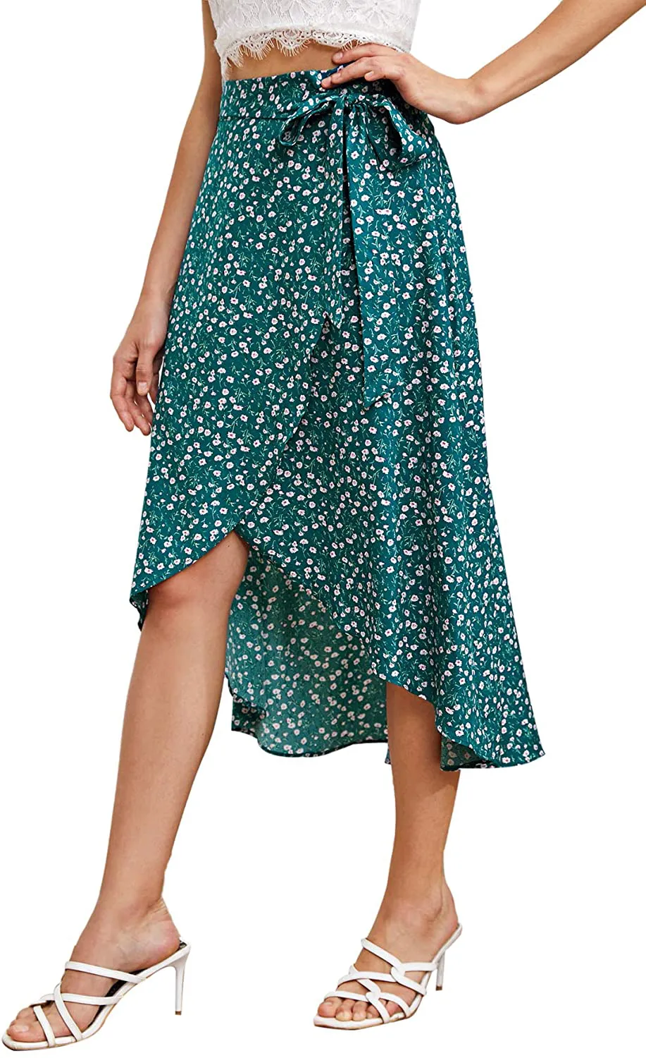 SheIn Women's Boho Ditsy Floral Knot High Waisted Wrap Split Midi Skirt