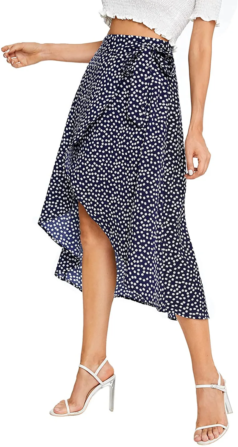 SheIn Women's Boho Ditsy Floral Knot High Waisted Wrap Split Midi Skirt