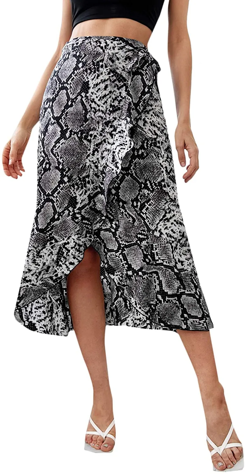 SheIn Women's Boho Ditsy Floral Knot High Waisted Wrap Split Midi Skirt