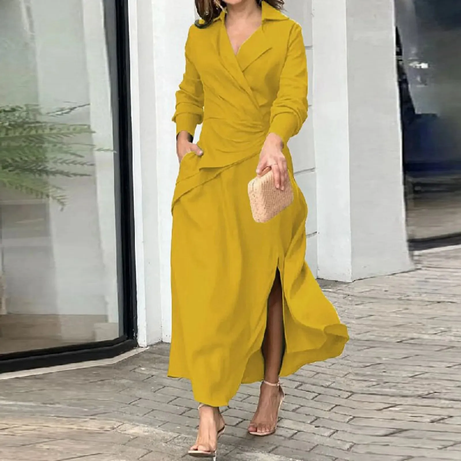 Shirt Office Sundress Solid Color Maxi Long Sleeve Lapel Neck Casual Elegant Dress