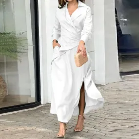 Shirt Office Sundress Solid Color Maxi Long Sleeve Lapel Neck Casual Elegant Dress